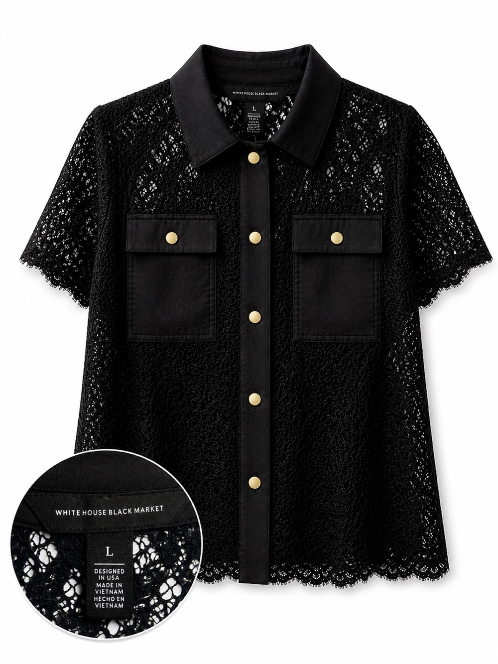 White House Black Market Lace Blouse Size Large Black Button Front Sheer Top